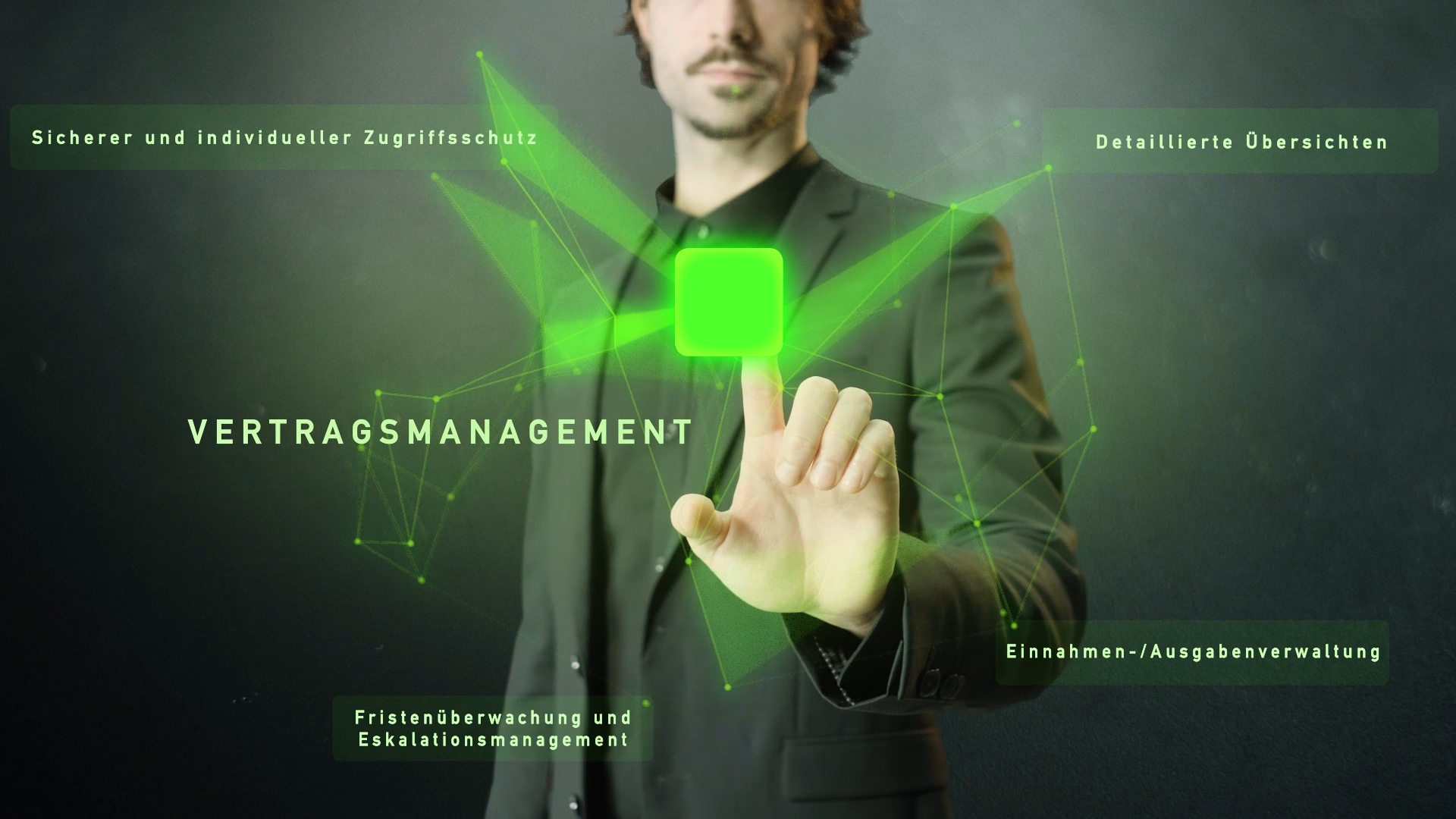 grünes Netzwerk mit Wort Vertragsmanagement und Mann im Hintergrund